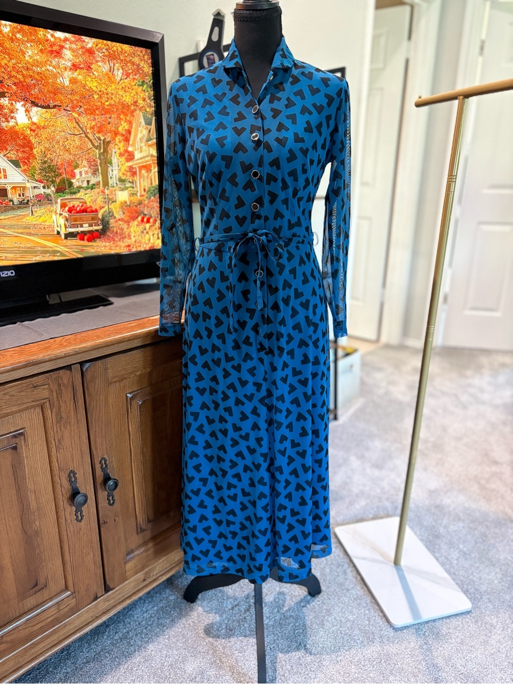 Blue Printed Long Sleeve Shirt Dress with Tie Waist